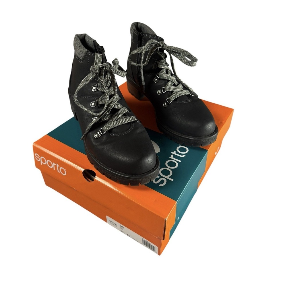 SPORTO Corinne Boots Womens 8.5M Black Lace Up Zip Lug Sole Ankle Booties Box